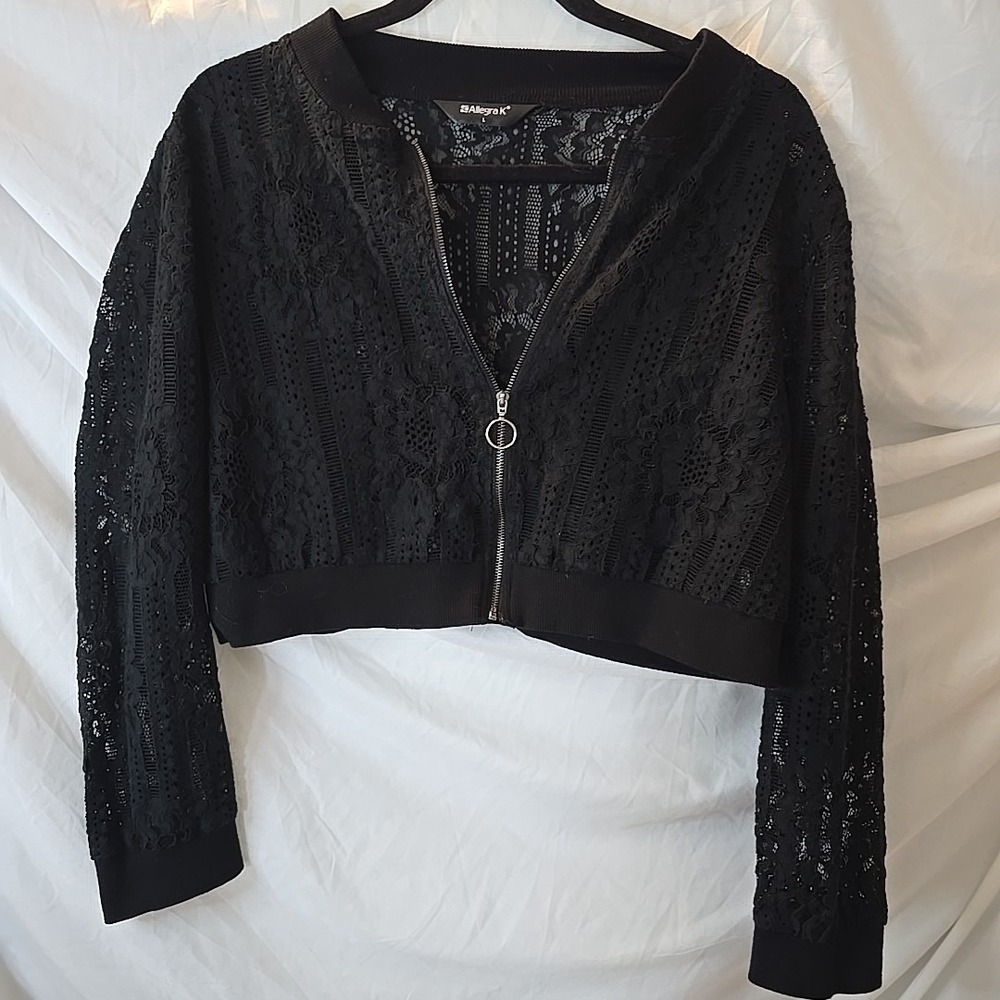 Allegra K Stand Collar Zip Up Mesh Sheer Lace Cropped Bomber Jacket Black Sz L